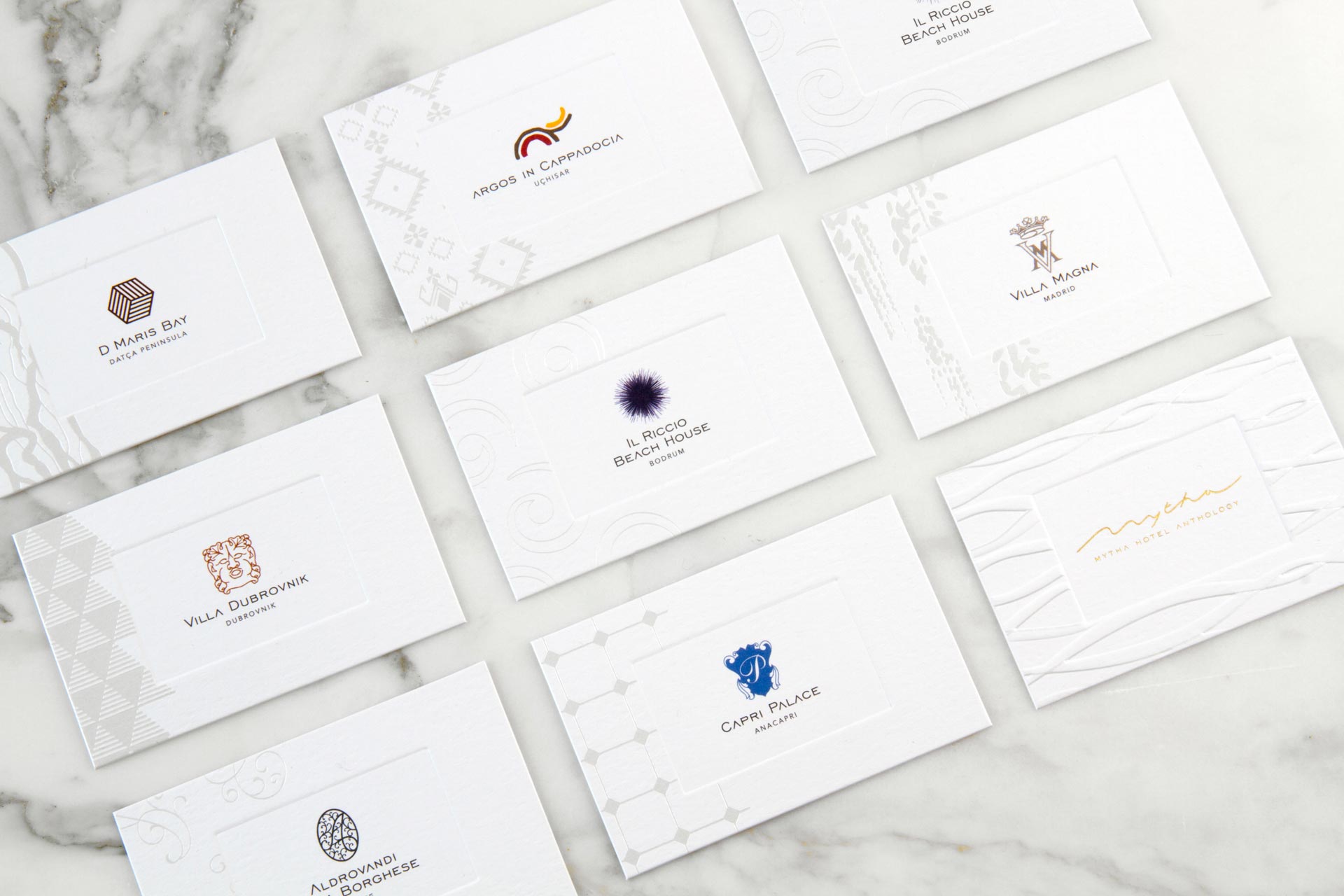 15:03 design, set of business cards. Branding and visual identity for Mytha Hotel Anthology, a chain of luxury hotels in the Mediterranean Sea.