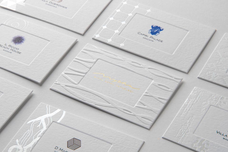 15:03 design, Ksenia Smirnova, Set of business cards. Branding and visual identity for Mytha Hotel Anthology, a chain of luxury hotels in the Mediterranean Sea.