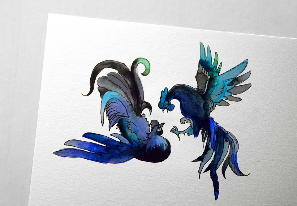 Illustration of black roosters for Alina German by Ksenia Smirnova, 15:03 design.